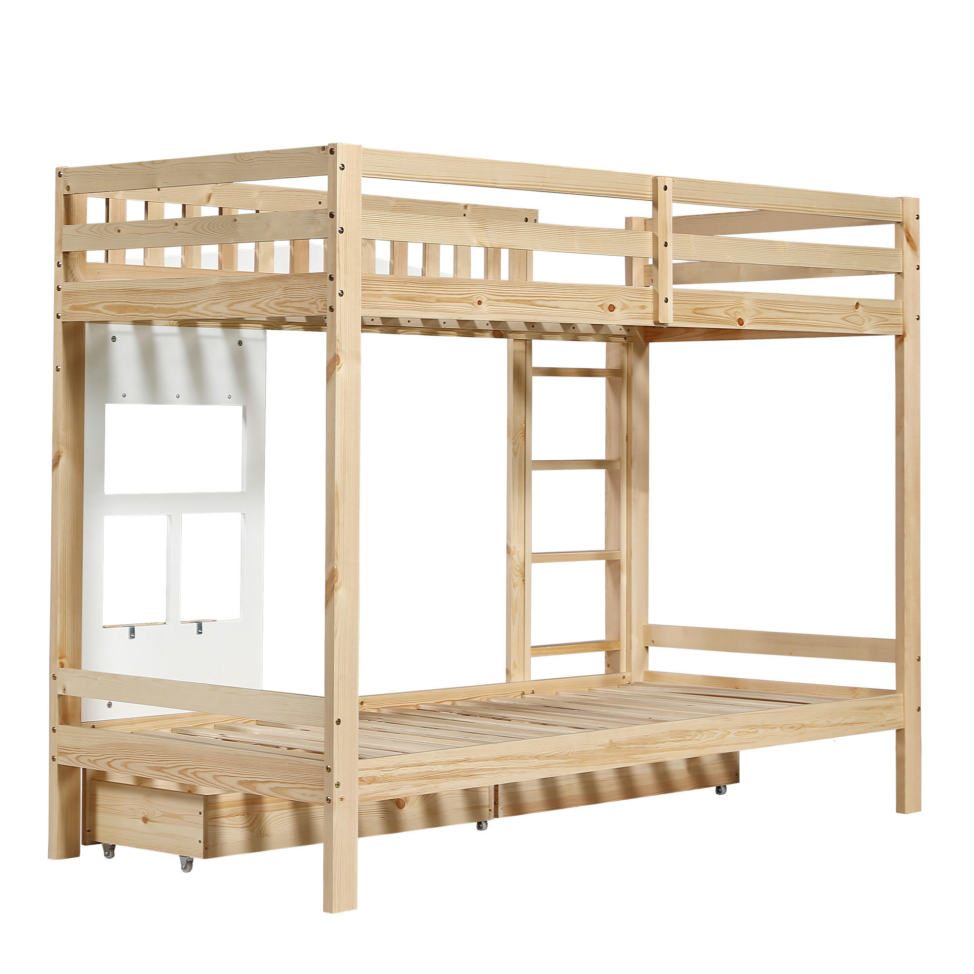 ETAGENBETT 90x200cm，Zwei Schubladen mit Rollen，Weiß+Natur - Naturfarben, Holz (90/200cm) - KOMHTOM
