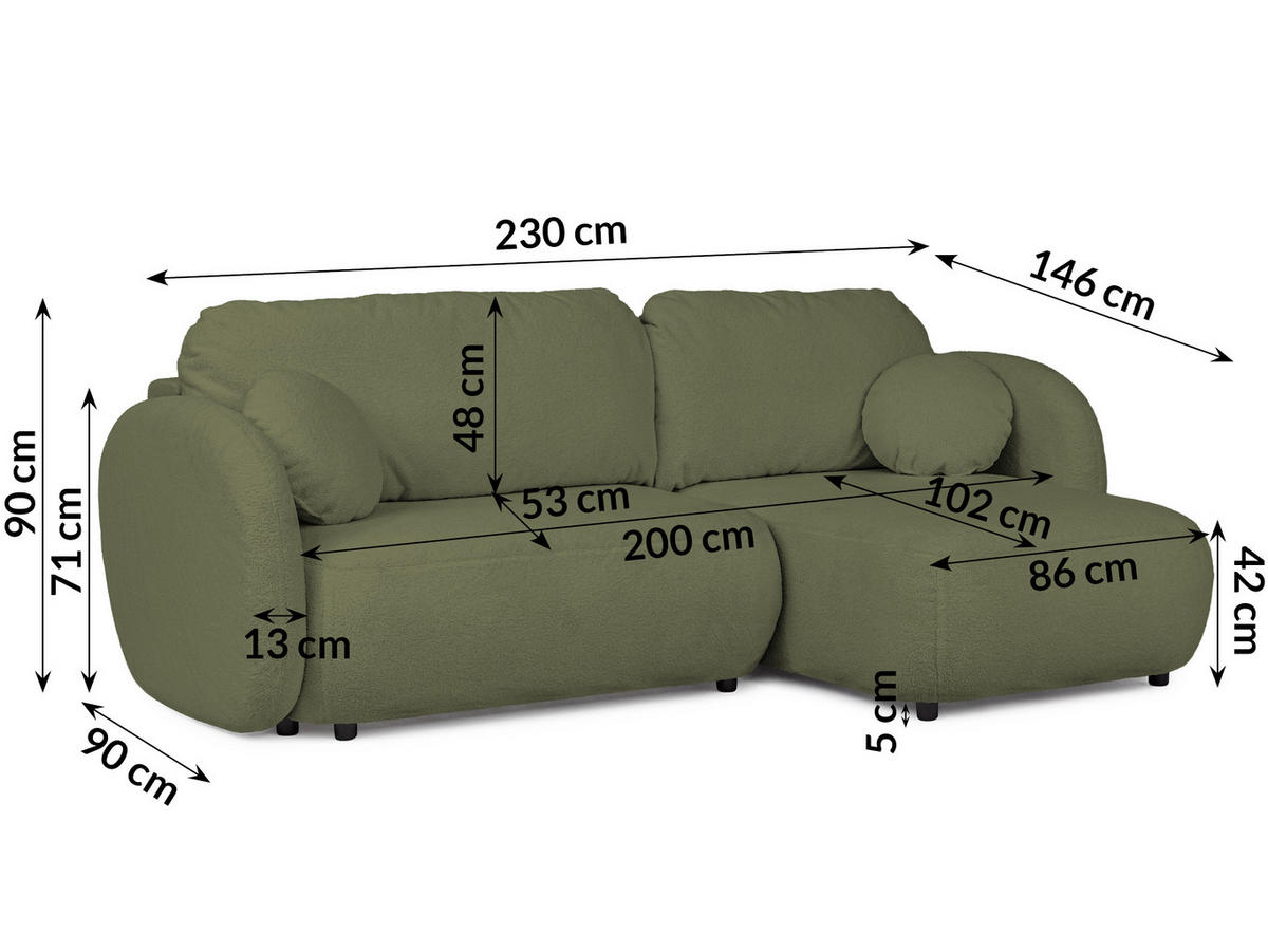ECKSOFA Candy mit Schlaffunktion Grün Bouclé-Stoff - Ottomane rechts - Schwarz/Grün, Holz/Kunststoff (146/230cm) - S-Style Möbel