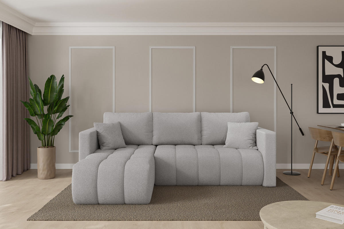 ROHOVÁ SEDAČKA s funkcí spaní, otoman vlevo GARD-L 226x146x85 světle šedá bouclé - černá/stříbrná, kompozitní dřevo/textil (226/146cm) - ALTDECOR