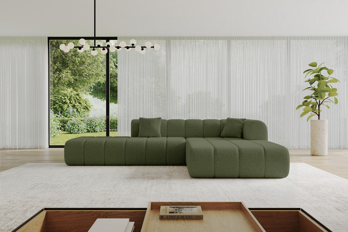 ROHOVÁ SEDAČKA s otomanem, pravá BILA-L 289x176x71 Zelená Buklé - černá/zelená barva, kompozitní dřevo/textil (289/176cm) - ALTDECOR