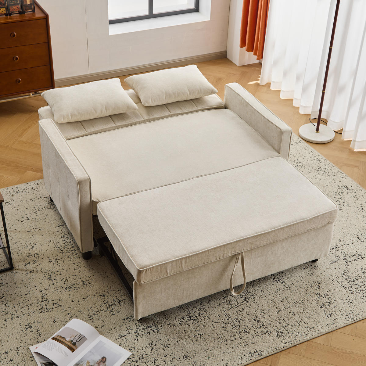 SCHLAFSOFA Chenille mit Ausziehfunktion und 2 Kissen Beige 142/79/85 cm - Beige, Textil (79/85/142cm) - Redom