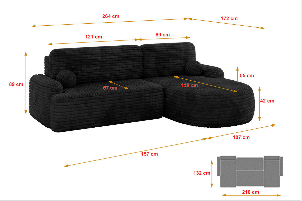 ECKSOFA mit Schlaffunktion und Bettkasten LIRA-L - 264x172x89 Schwarz - Schwarz, Holzwerkstoff/Textil (172/264cm) - ALTDECOR