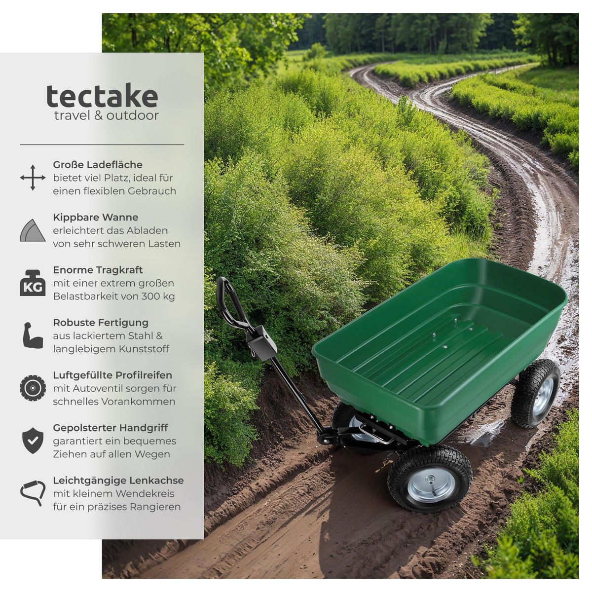 GARTENWAGEN Tummi, Belastbarkeit 300 kg, grün - Grün, Metall (58/60.5/107cm) - tectake