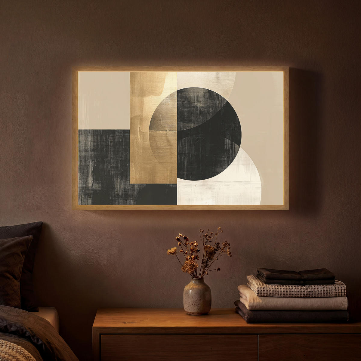 NÁSTĚNNÁ LAMPA S AKUMULÁTOREM Abstraktní - Moderní - Černá - Zlatá 60x40 cm - písková barva, kompozitní dřevo (60/40/8cm) - OnlyWow