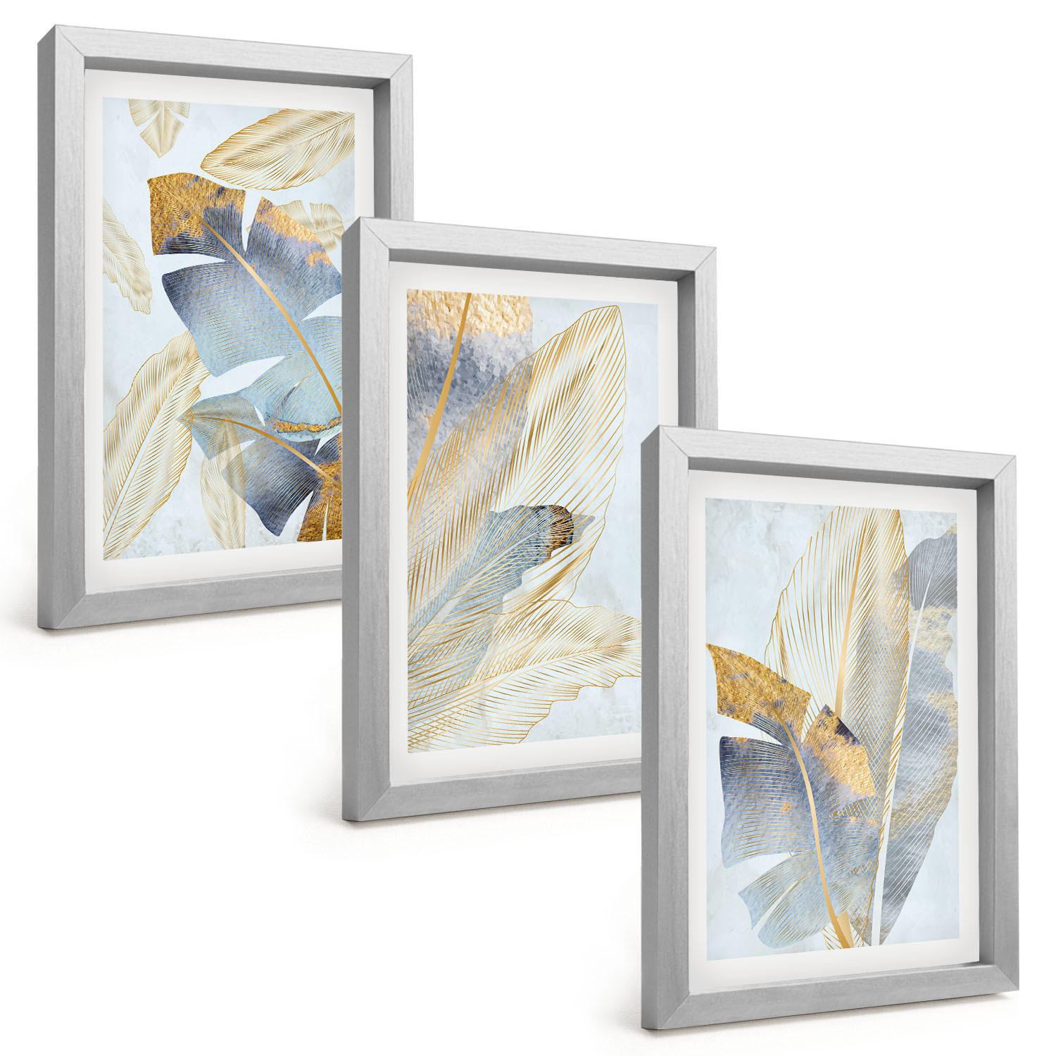 BILDER SET 3er Set - 20x30 cm Silberner Rahmen - Hellblau-beige Blätter - Silberfarben, Kunststoff (20/30cm) - TULUP