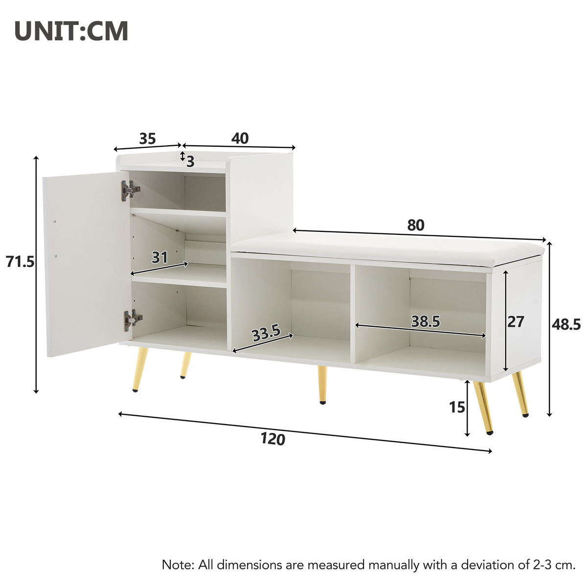 SCHUHSCHRANK MIT SITZBANK Weiß Hochglanz 120/35/71,5 cm - Weiß, Holzwerkstoff (120/71.5/35cm) - PANGIVO