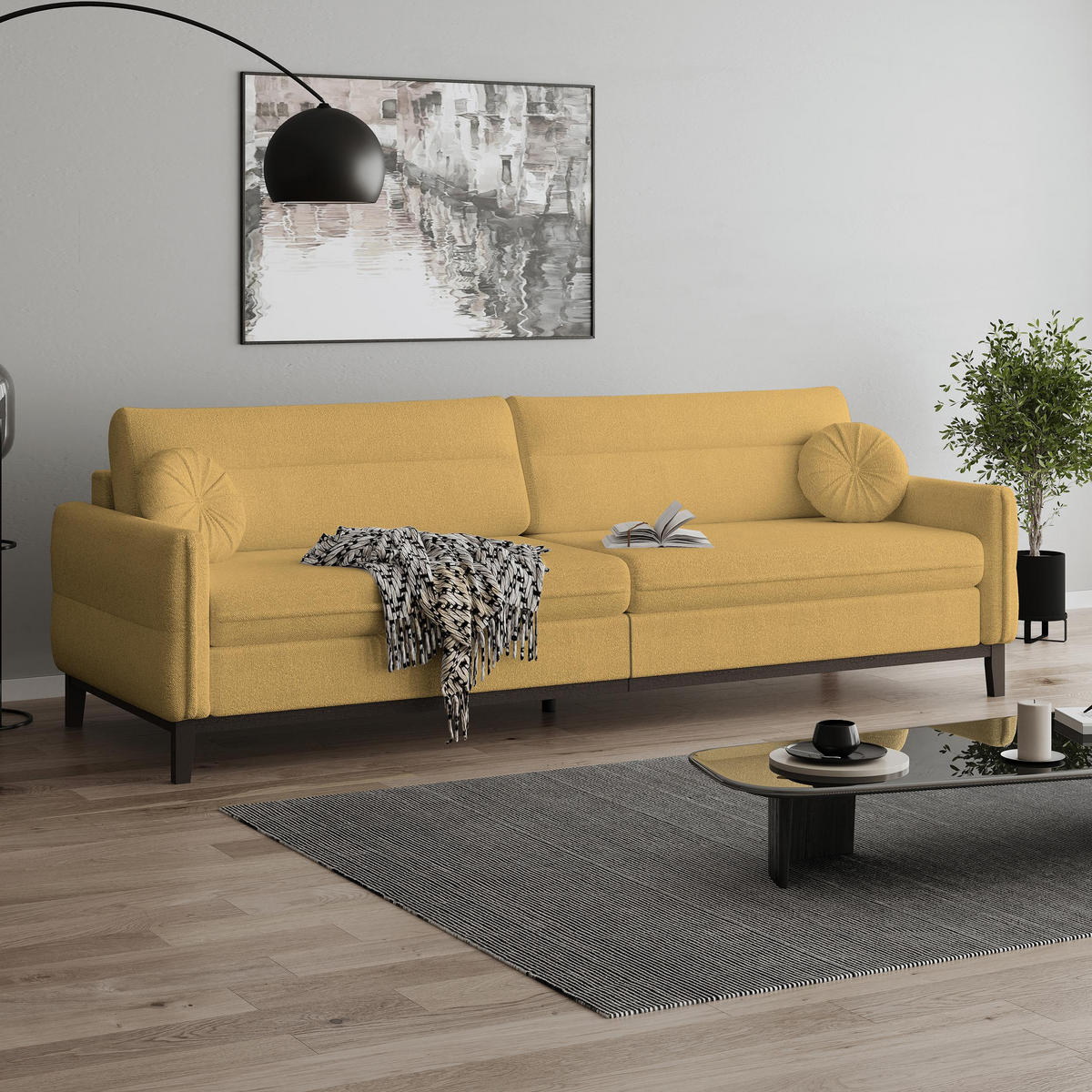 SITZGARNITUR Belweder, zwei Sofas+Sessel, Gelb, Bouclé - Wengefarben/Gelb, Holz/Textil (268/95/94cm) - Beautysofa