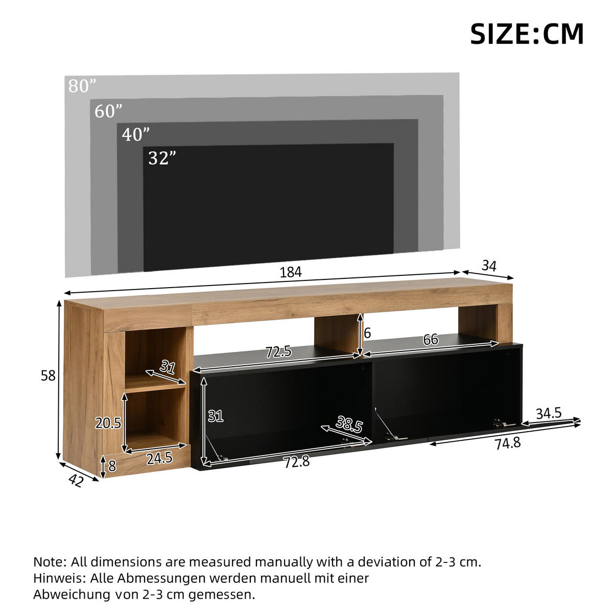 TV-SCHRANK 80 Zoll LED Stauraum Holz Schwarz Lowboard - Schwarz, Holzwerkstoff (184/58/42cm) - FLIEKS