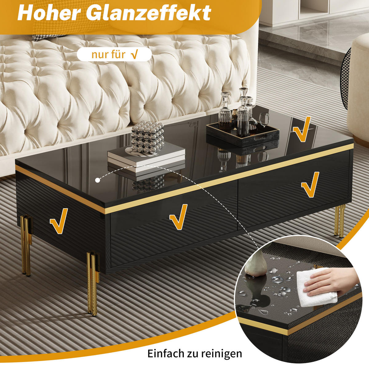 LOWBOARD TV-Möbel- und Couchtisch-Set 170/38/50 + 100/50/36 cm aus Spanplatte mit Hochglanzoberfläche Schwarz - Schwarz, Holzwerkstoff (170/50/38cm) - Modenvie