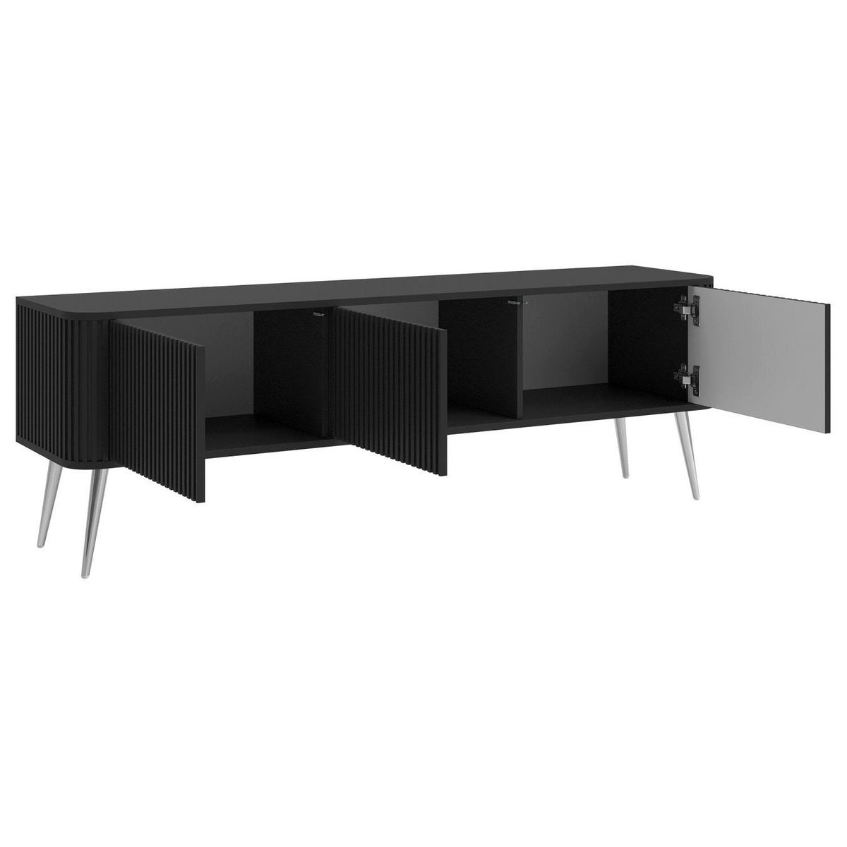 TV stolík Ovarlo čierny s drážkovanými čelami 3-dverový 163/49/38 cm - čierna/strieborná, kov/kompozitné drevo (163.2/49.2/38cm) - Selsey