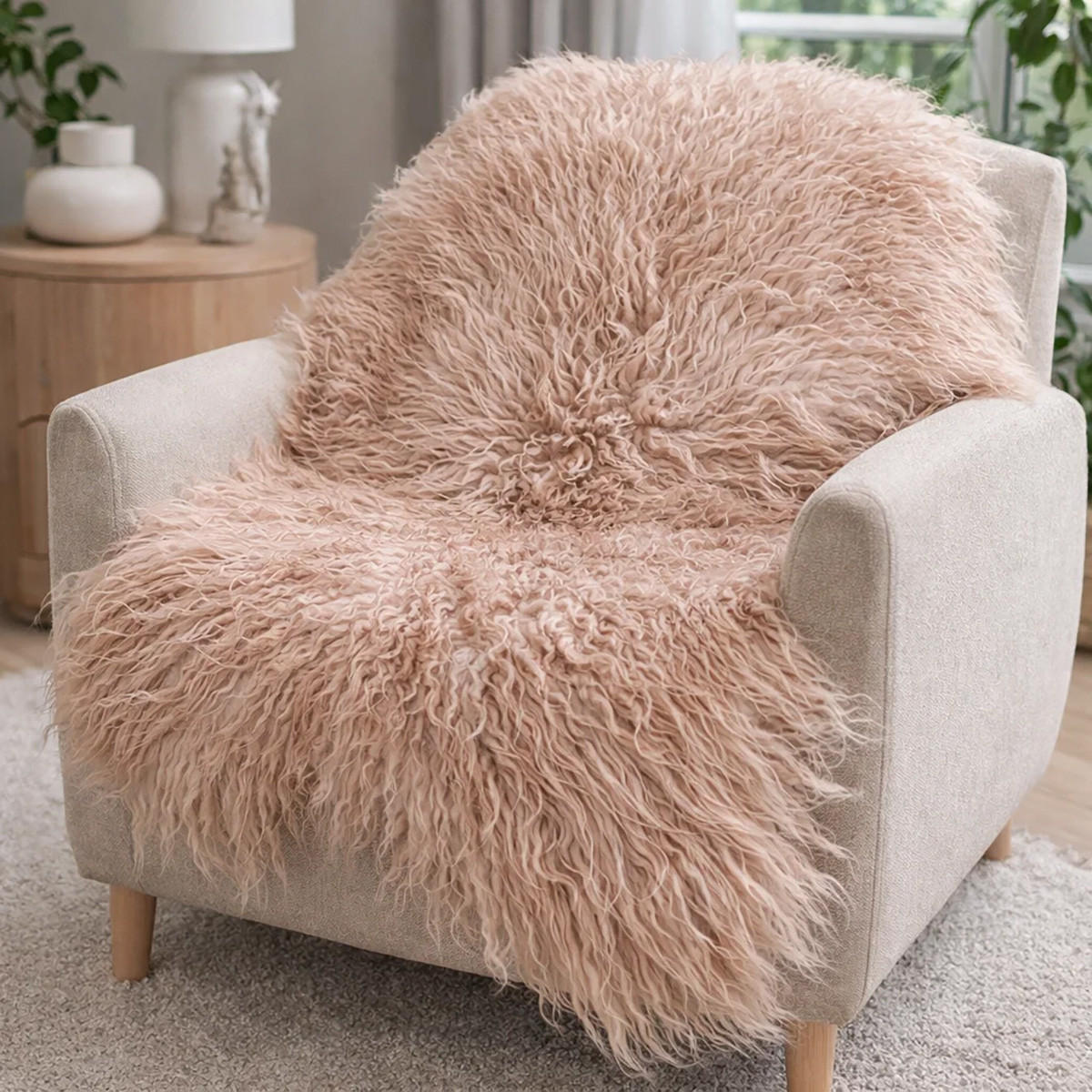 LAMMFELL Island Langhaar natur lockig weich Premium Cappuccino ca. 115 cm - Cappuccino, Fell (65/115cm) - Provellus