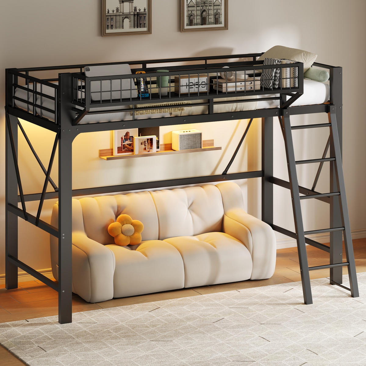 HOCHBETT 90/200 cm in Schwarz mit Stauraum, LED und Sicherheitsgitter aus Metall - Schwarz, Metall - STILVORA