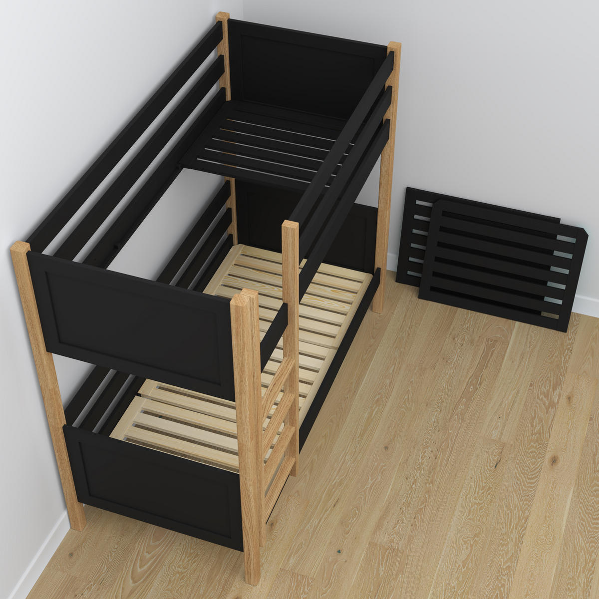ETAGENBETT N02 Schwarz / Eiche Natur 100/200 - Schwarz/Eiche Artisan, Naturmaterialien/Holz (100/200cm) - N-Wood