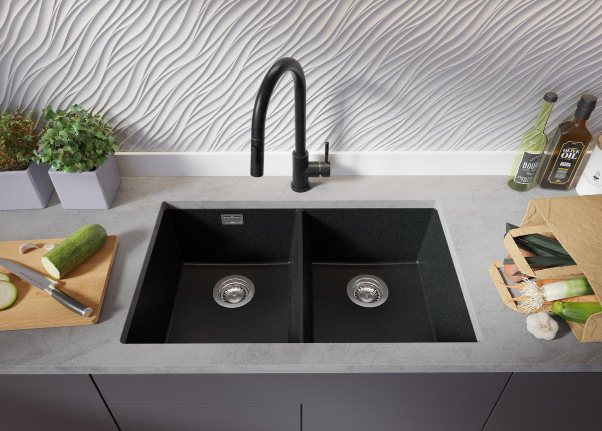 UNTERBAUSPÜLE GRANIT London Twin, 2-er set Anthrazit 76/47 cm 2 Becken + Ablauf-Set ab 80er Unterschrank - Chromfarben/Anthrazit, Kunststoff (76/20/47cm) - Primagran