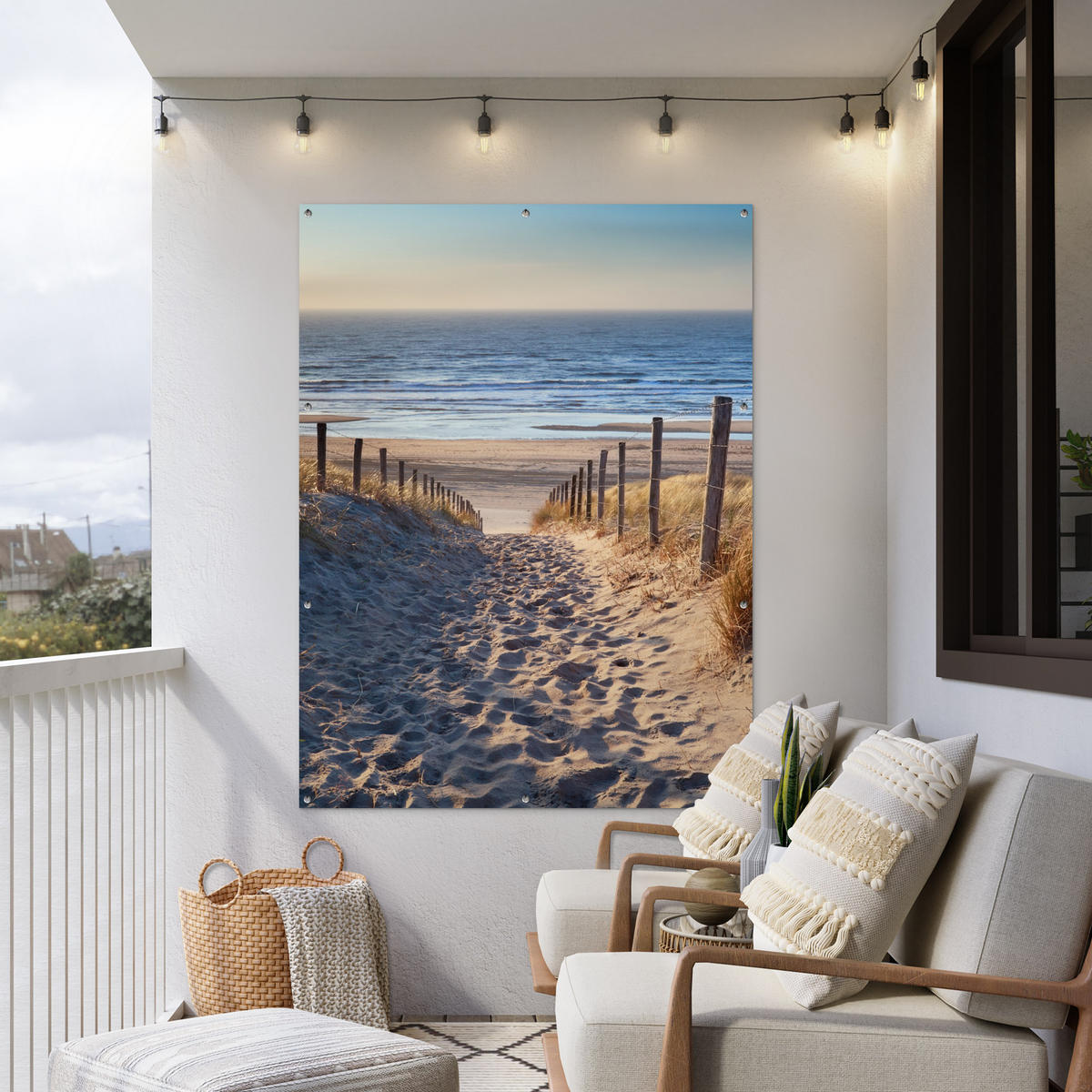 ZAHRADNÍ PLAKÁT Pláž - moře - Nizozemsko - duny - slunce 120x160 cm - písková barva, plast (120/160/0.2cm) - OnlyWow