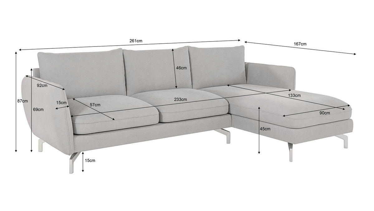 ECKSOFA Elou Silber Microfaser - Chromfarben/Silberfarben, Holz/Textil (261/167cm) - S-Style Möbel