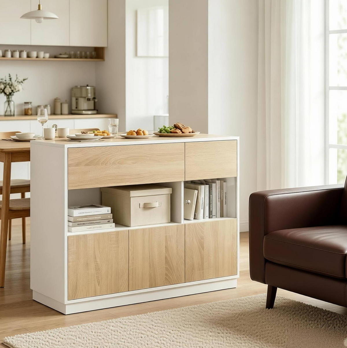 SIDEBOARD 100/40/80 cm Weiß + Eiche aus Holzwerkstoff mit offenem Fach - Weiß, Holzwerkstoff (40/80/100cm) - OKWISH