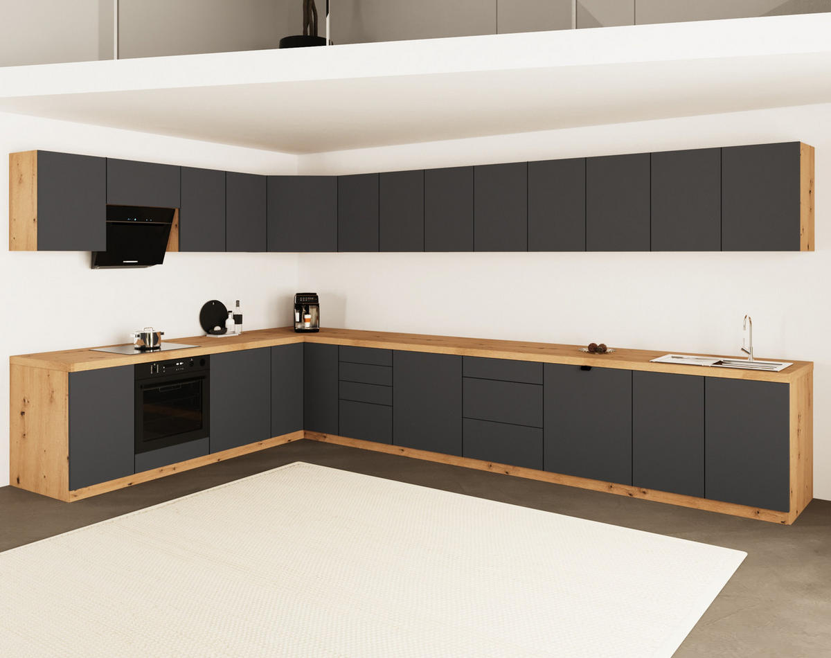 WINKELKÜCHE 380cm x 240cm- Langen KL22-M380 - in Grau/Matt - Grau, Holz (620/212/52cm)