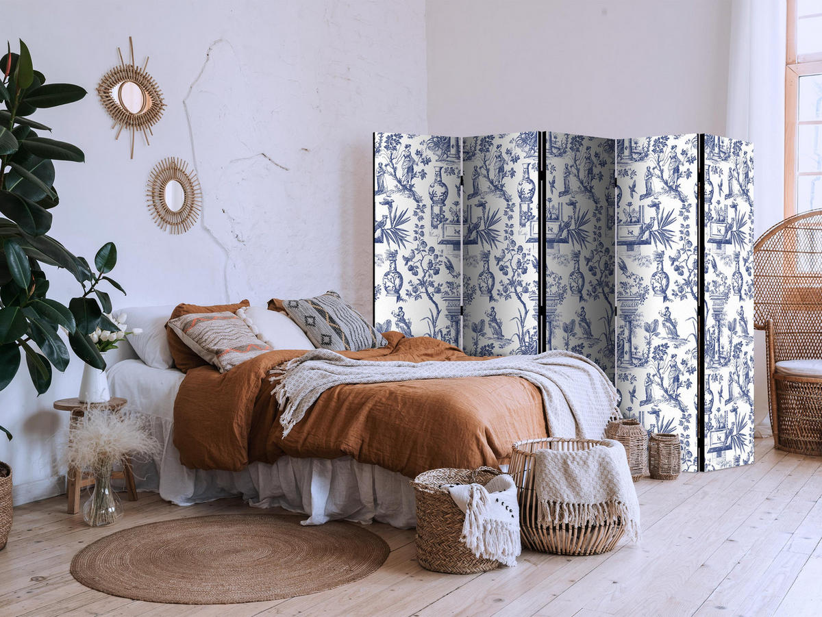 PARAVENT Beidseitig Bedruckter 5-tlg 225x172 cm Pflanzen Blumen - Blau, Holz/Textil (225/172/3cm) - Muralo