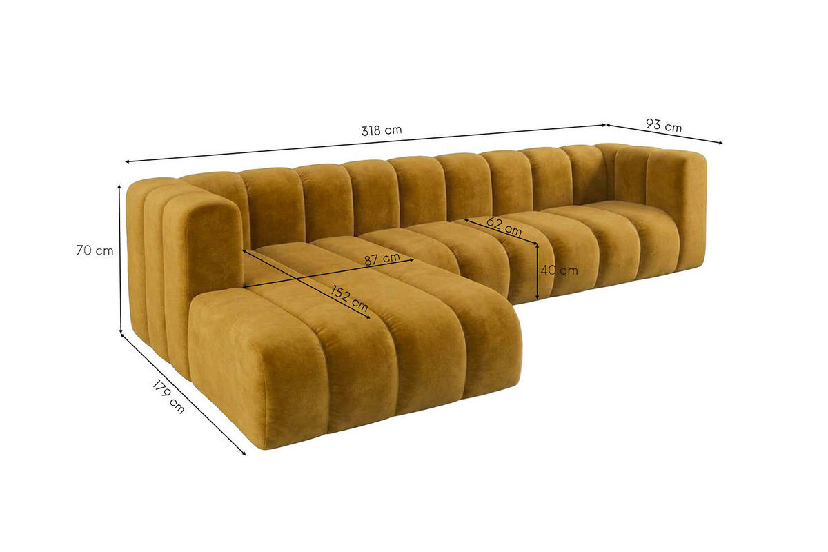 ECKSOFA Modulares In L-Form, Velvet-Stoff Riviera, Senffarbe, Links, GRAND 318 cm - Gelb, Holz (318/179cm) - Kaiser Möbel