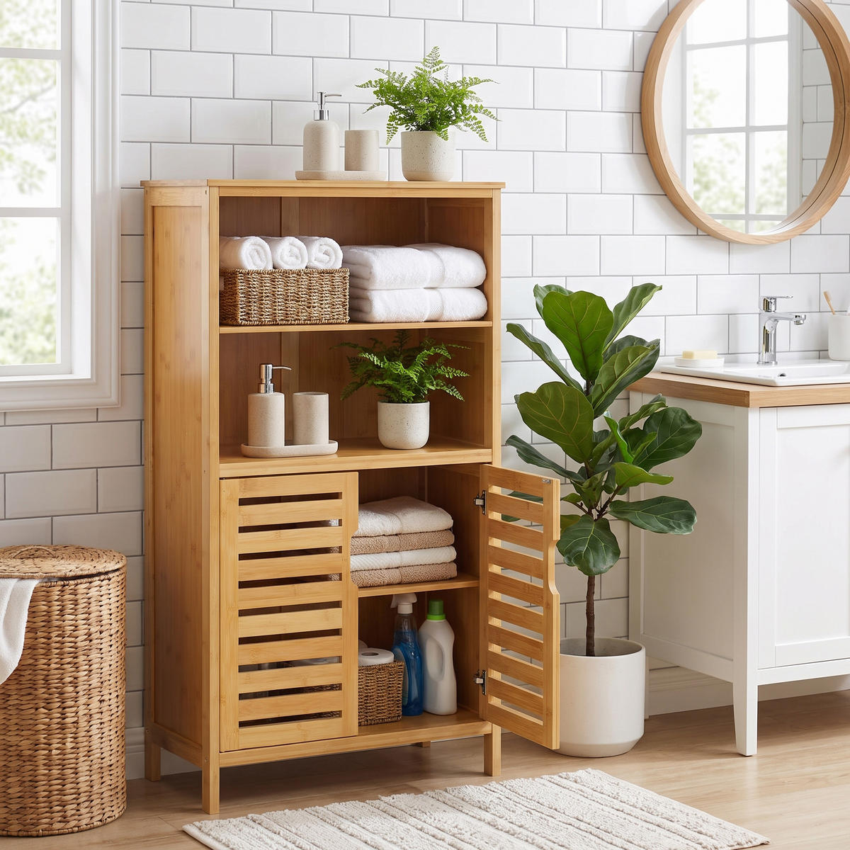 BADRUMSSKÅP Bambu underskåp med jalusidörrar & tippskydd - Naturfärgad, Naturmaterial (50/92/29cm) - Urban Meuble