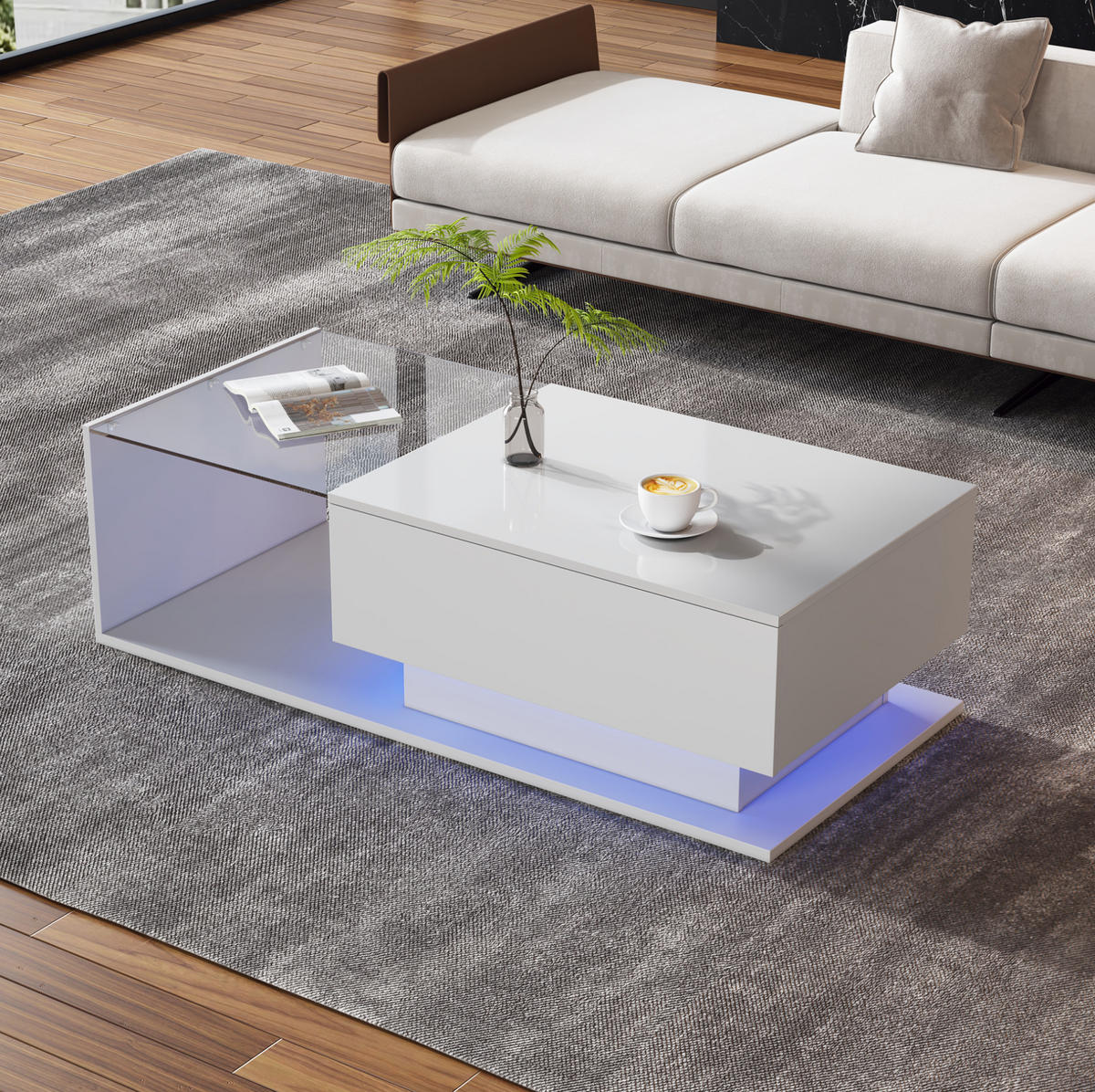 COUCHTISCH mit Schublade 100x50x32 cm Weiß Glas mit LED - Weiß, Holzwerkstoff (100/50/32cm) - Meubliv