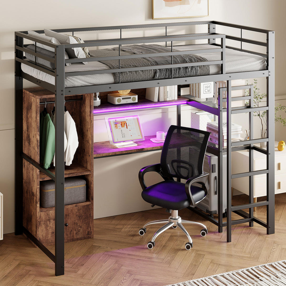 HOCHBETT 90/200 cm in Schwarz mit Schreibtisch, 1 Schublade, Regal und LED - Schwarz, Holzwerkstoff/Metall (90/200cm) - STILVORA