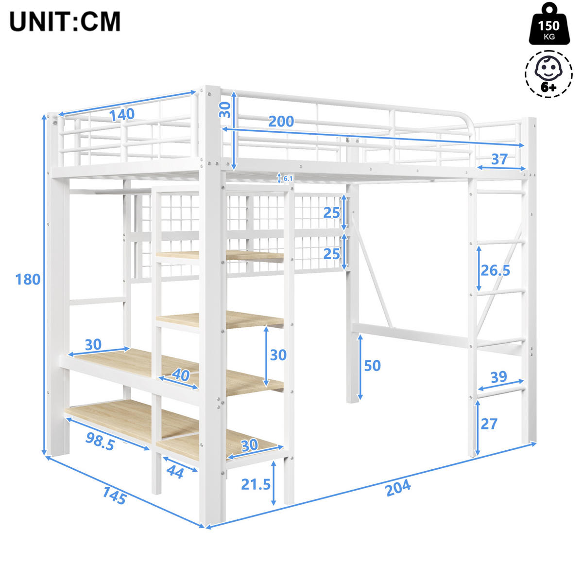 HOCHBETT 140/200 cm Weiß mit LED und Kleiderstange ohne Matratze - Weiß, Metall (140/200cm) - MIVRAY