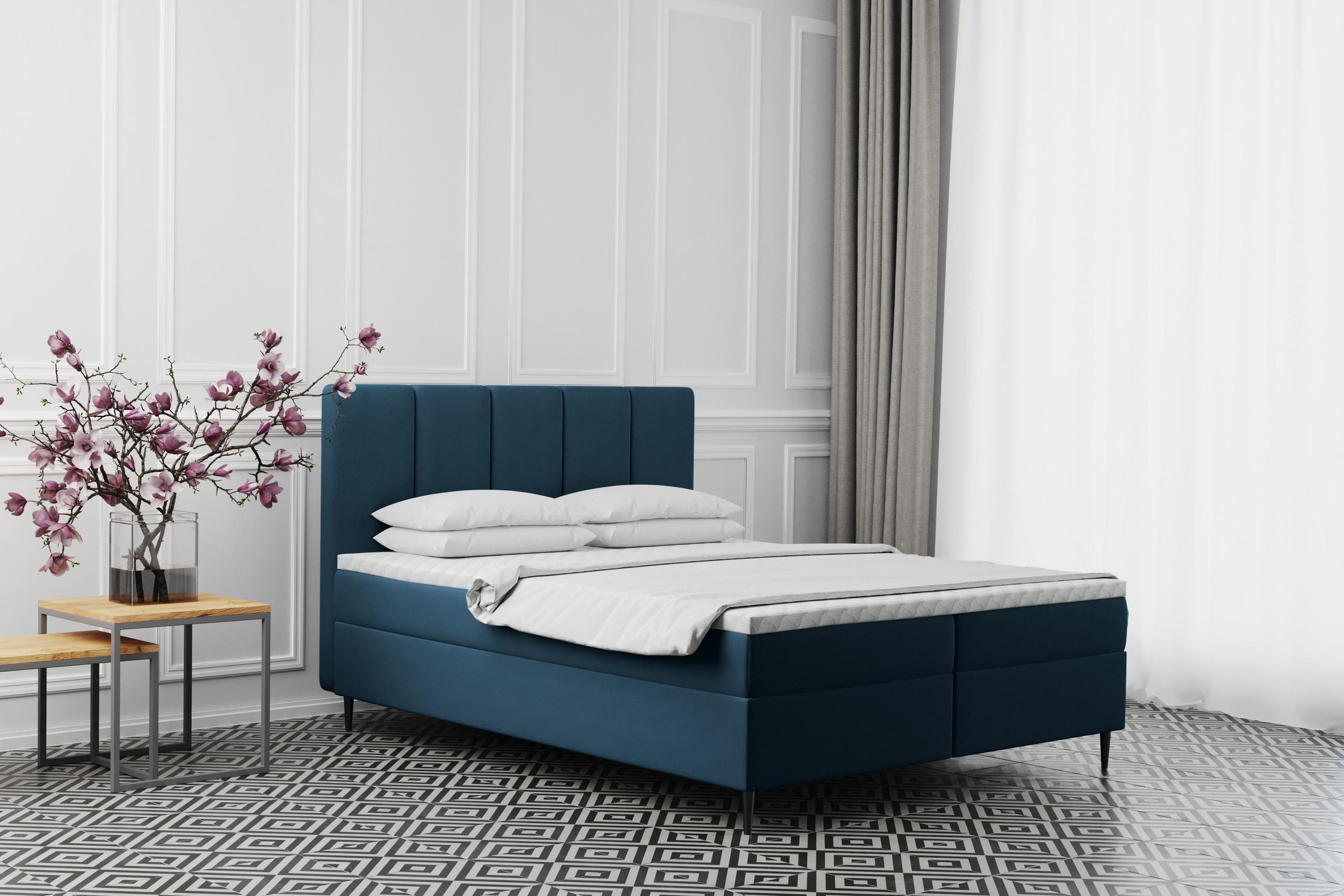 BOXBETT Mit Bettkasten Matratze ADEL Stoff Monolith Marineblau 120x200 cm H3-Bonell - Dunkelblau, Holz/Textil (120/200cm) - Kaiser Möbel