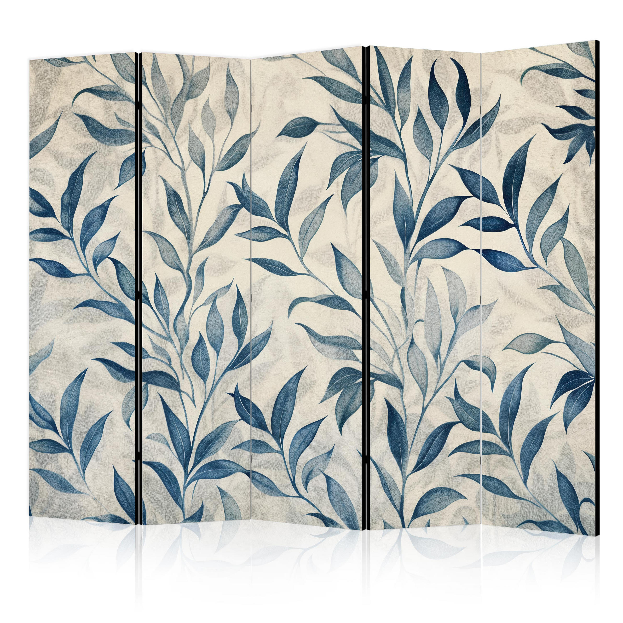 PARAVENT 5-tlg 225x172 cm Blaue Blätter Boho - Blau, Holz/Textil (225/172/3cm) - Muralo