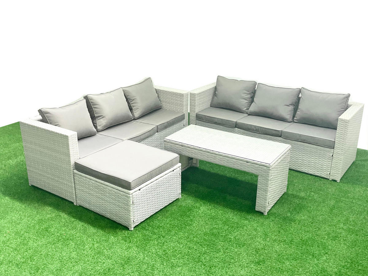 GARTENSOFA hohe Rückenlehne Polyrattan Hellgrau-Mix 7-Sitzer - Hellgrau/Grau, Glas/Kunststoff - Fimous