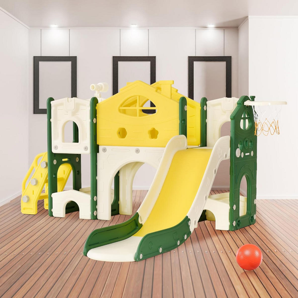 7-IN-1 RUTSCHE Für Kinder Grün Mit Basketballkorb & Kletterspielset - Grün, Holz (166/96.5/193.5cm)