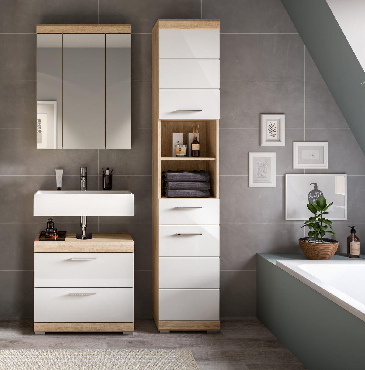 BADMÖBEL-SETweiß Hochglanz, Eiche 3-teilig 112 cm, viel Stauraum - Weiß Hochglanz/Eichefarben, Holzwerkstoff (112/191/37cm) - Inn.Furn