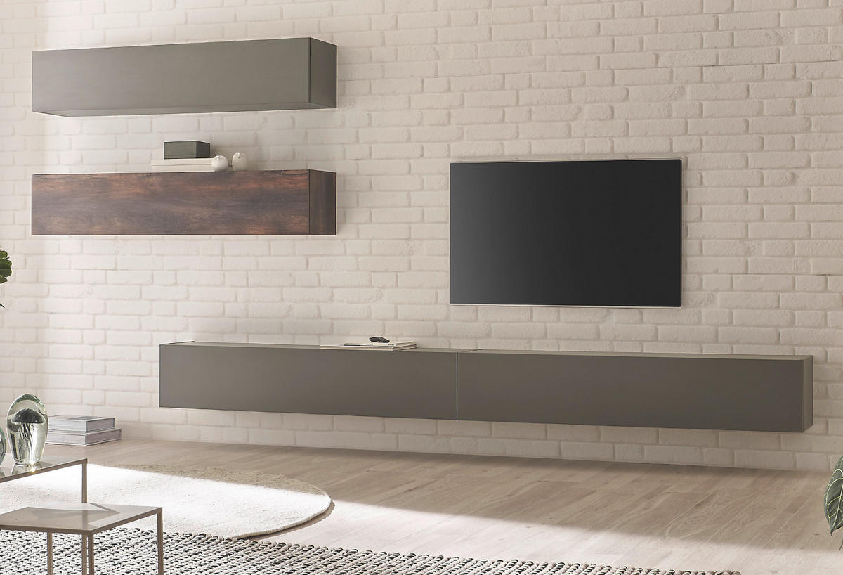 WOHNWAND Thermo Eiche, grau, Wohnkombination 4-teilig mit Soft-Close 327 cm - Eichefarben/Grau, Holzwerkstoff (327/170/45cm) - Furn.Design