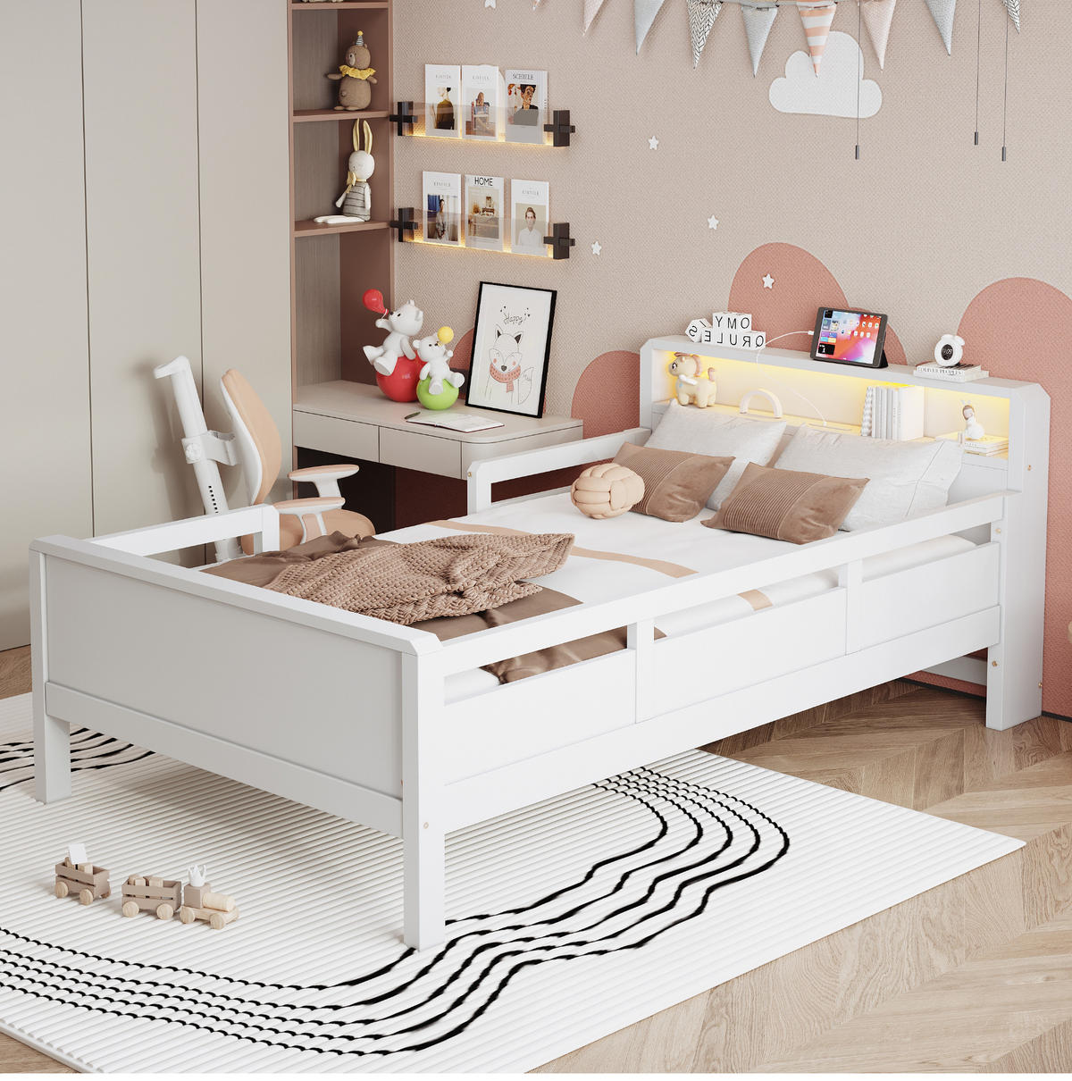 KINDERBETT 90/200 cm aus Kiefernholz mit Kopfteilablage und USB-C-Ladeanschluss Weiß - Weiß, Holz (90/200cm) - Modenvie