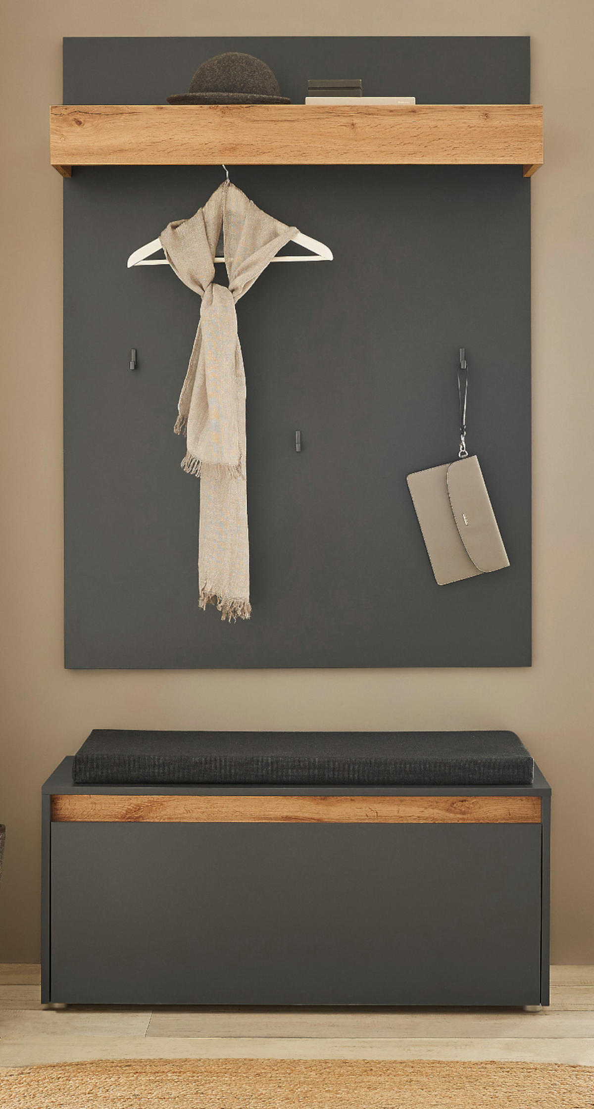 GARDEROBEN-SET 3-teilig grau matt, Eiche Wotan 100 cm, Flurgarderobe inklusive Sitzkissen - Silberfarben/Eiche Wotan, Holzwerkstoff/Kunststoff (100/200/40cm) - Furn.Design