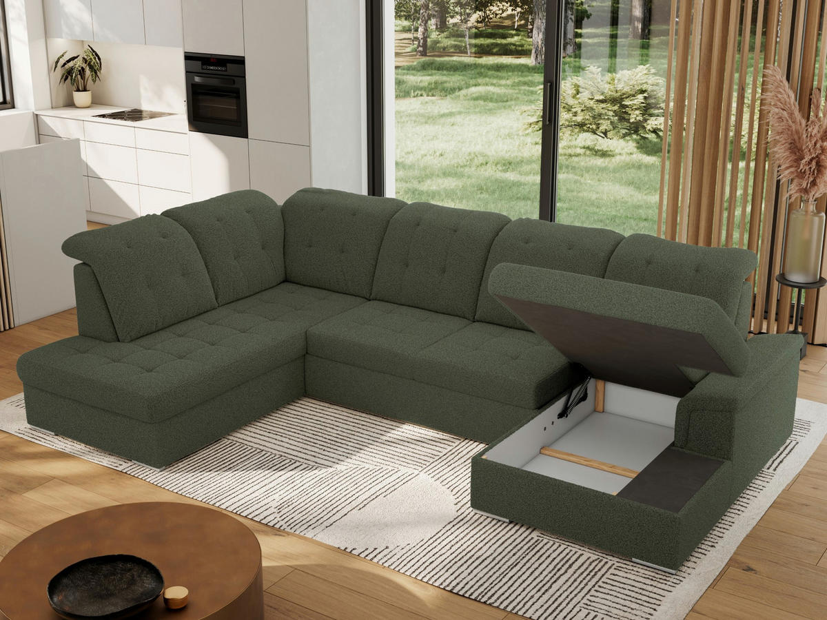 WOHNLANDSCHAFT MADRITO U - Grün Boucle - Links - Silberfarben/Grün, Textil/Metall (204/89/323cm) - MKS