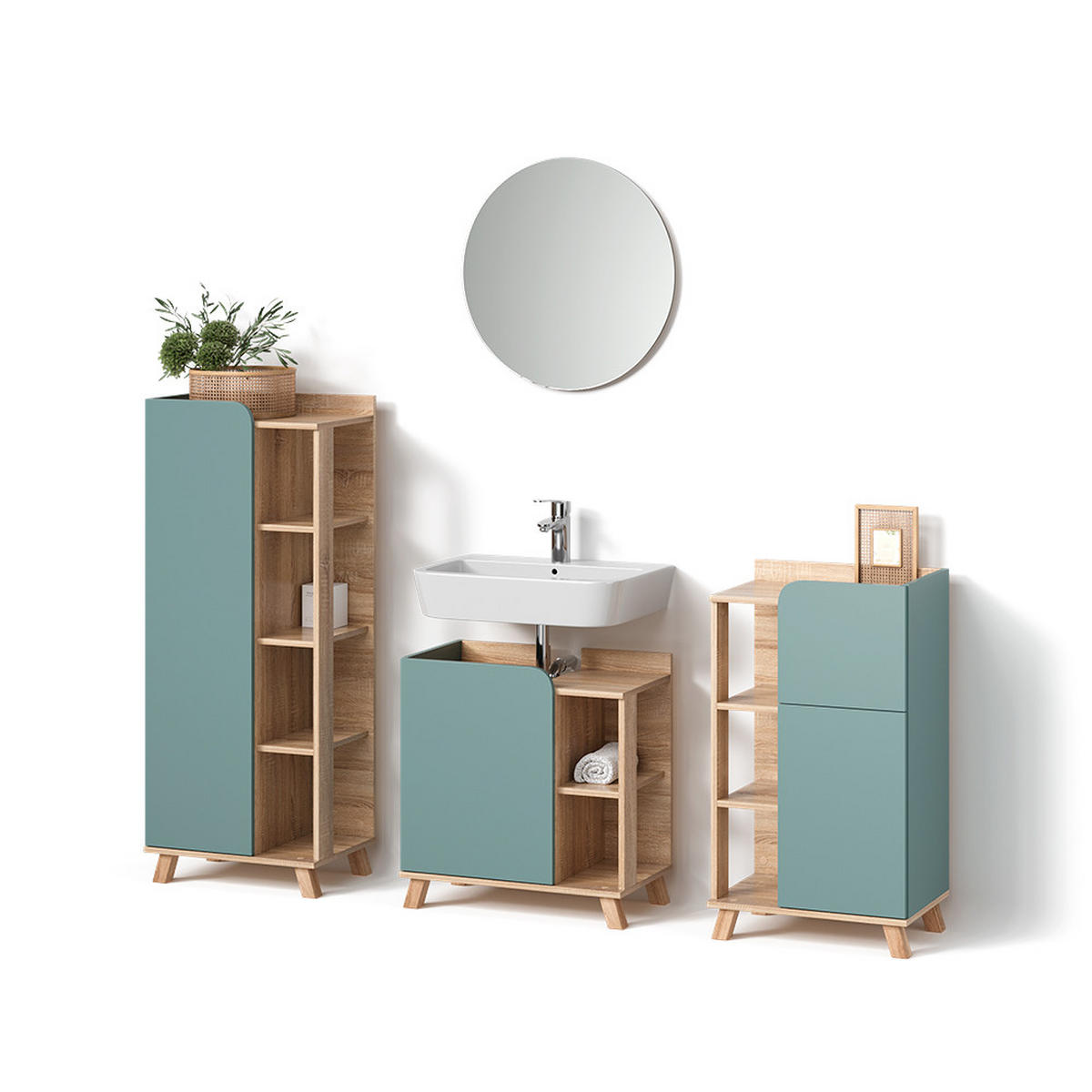 BADMÖBEL-SET Marano Blau-Grau 4 Teile - Blaugrau/Sonoma Eiche, Holzwerkstoff (35/65/60cm) - Livinity®
