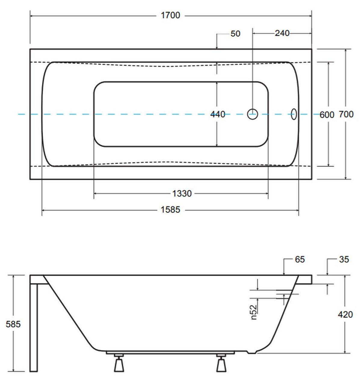 BADEWANNE Rechteck OPTIMA PREMIUM 170/70 mit Träger Ablauf Füße - Weiß, Kunststoff (70/58.5/170cm) - bad land