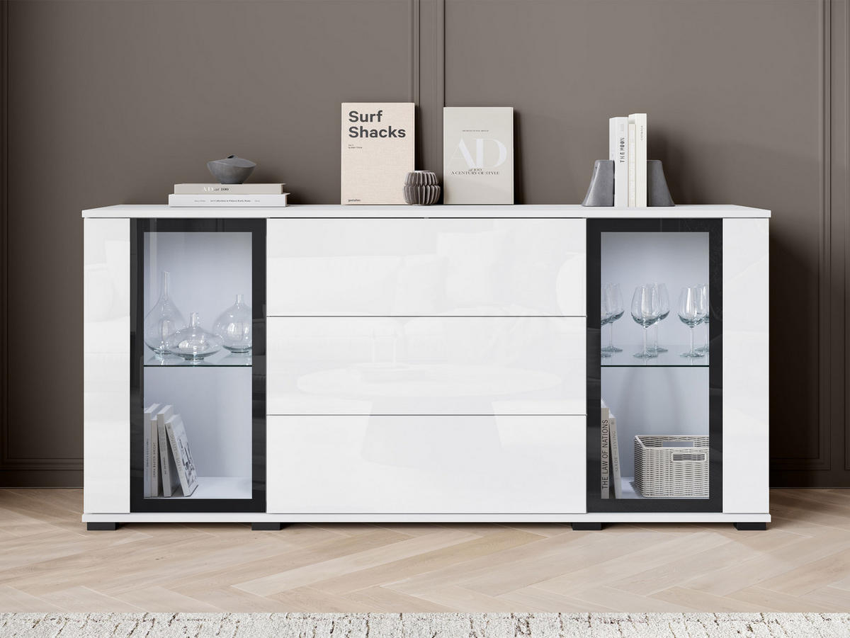 SIDEBOARD Caro SB 150 2D3S mit weißer LED Beleuchtung - Schwarz/Weiß, Holzwerkstoff/Kunststoff (150/70/40cm) - MIRJAN24