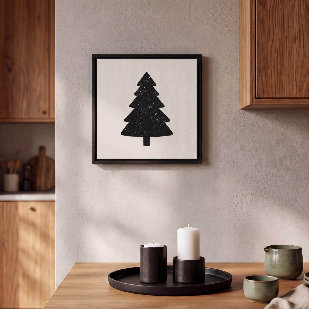 LEINWAND Bilder mit Rahmen - Weihnachtsbaum - Schwarz - Urlaub - Beige - 20x20 - Schwarz, Textil (20/20cm) - MuchoWow