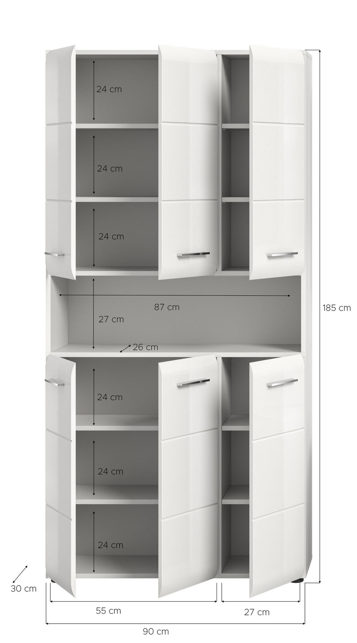 MEHRZWECKSCHRANK Alba (B/H/T: ca. 90/185/30 cm) in Weiß/weiß hochglanz - Weiß, Holzwerkstoff (90/185/30cm)