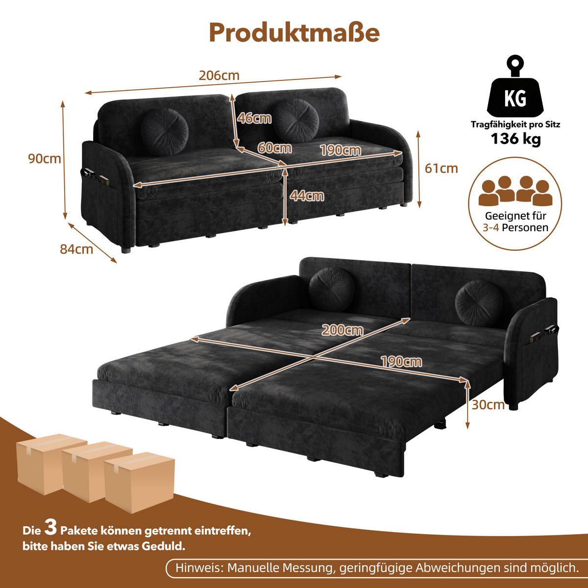 SCHLAFSOFA 3-in-1 ausziehbar 206 cm mit Stautaschen, DE-42862, Schwarz - Schwarz, Metall (206/90/84cm) - ComfortXL