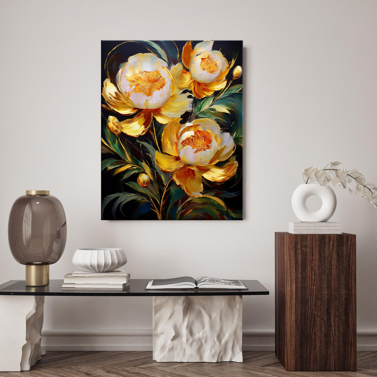 WANDBILD pfingstrosen blumen gemalt goldgelb - Goldfarben, Textil (40/60cm) - Feeby