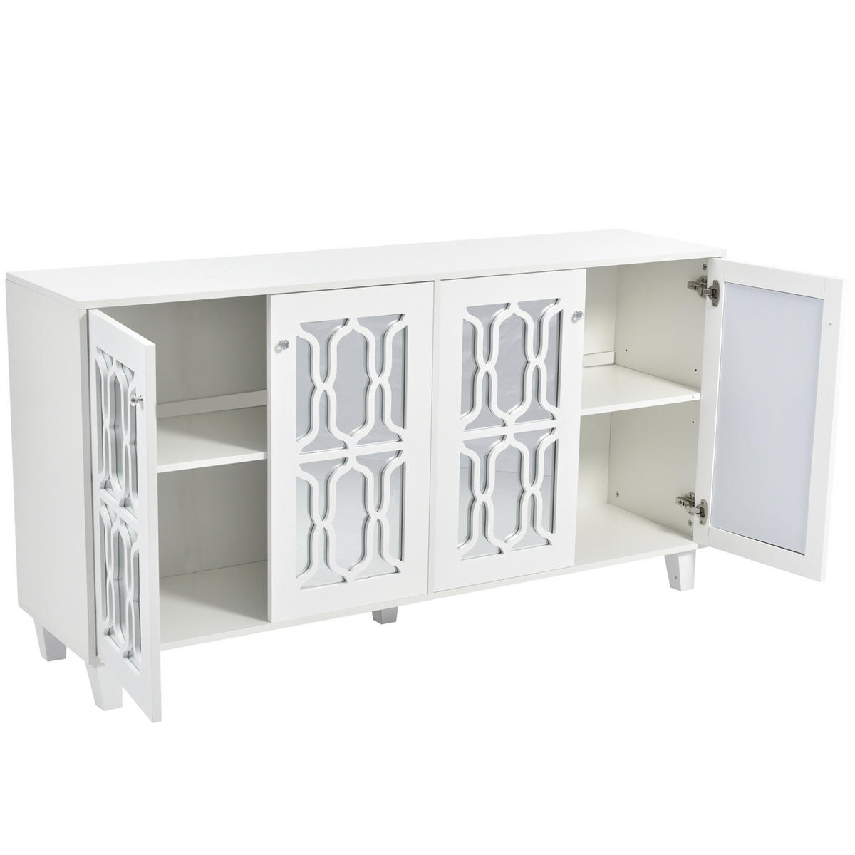 SIDEBOARD in Weiß mit verspiegelter Oberfläche, 4 Türen und kristallförmigen Glasgriffen, 160/40/84 cm, Weiß - Weiß, Holzwerkstoff (160/84/40cm) - Redom