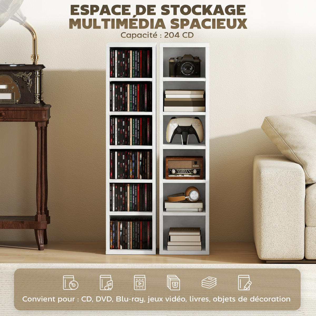 CD-REGAL 2er-Set DE-14522 12 Fächer für 204 CDs Weiß - Weiß, Holzwerkstoff (22.5/88.5/21cm) - ComfortXL