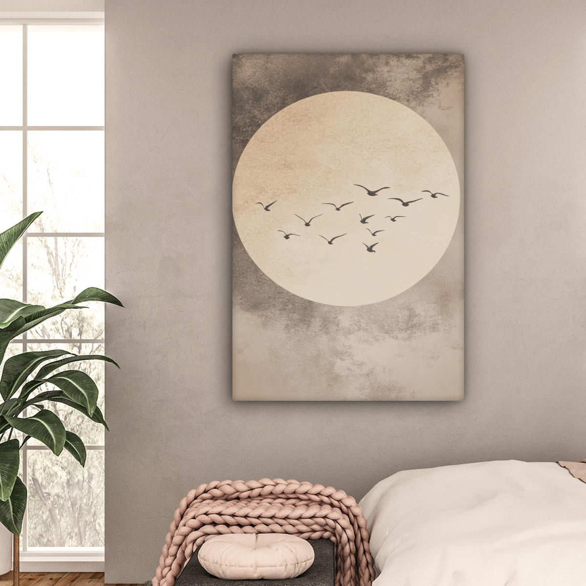 LEINWANDBILD Vogel - Beige - Japanisch Deko Groß 90x140 cm - Taupe, Textil (90/140cm) - MuchoWow