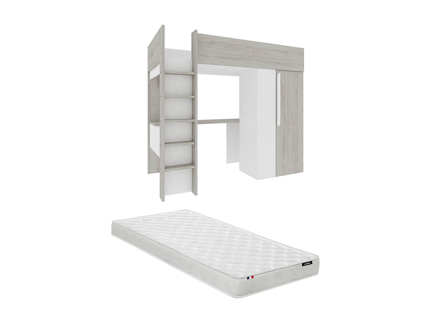 HOCHBETT mit Schreibtisch & Kleiderschrank + Matratze - 90 x 200 cm - Holzfarben Grau & Weiß - NICOLAS - Hellgrau, Holz (110/205.2cm) - Vente-Unique