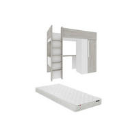 HOCHBETT mit Schreibtisch & Kleiderschrank + Matratze - 90 x 200 cm - Holzfarben Grau & Weiß - NICOLAS - Hellgrau, Holz (110/205.2cm) - Vente-Unique