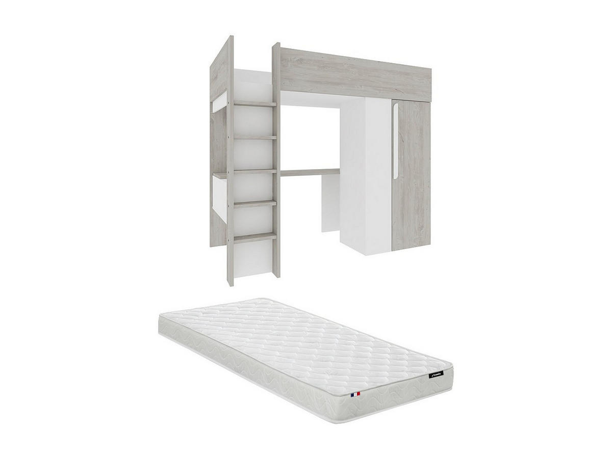 HOCHBETT mit Schreibtisch & Kleiderschrank + Matratze - 90 x 200 cm - Holzfarben Grau & Weiß - NICOLAS - Hellgrau, Holz (110/205.2cm) - Vente-Unique